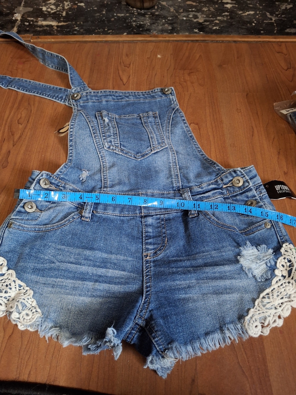 Women’s Denim Short Overalls Distressed Crochet Lace Trim Shortalls (CFD 067)